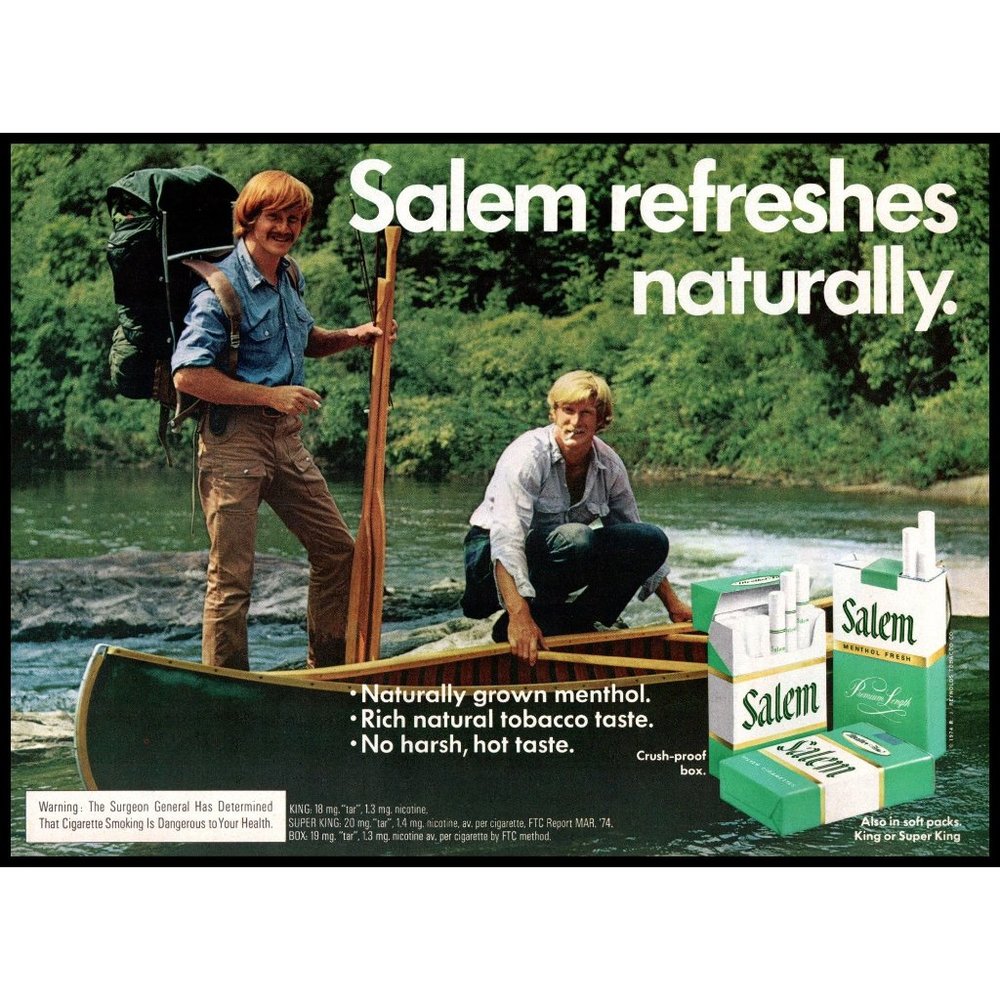 1974 Salem Cigarettes Vintage Print Ad Green Wooden Canoe Landscape Wall Art